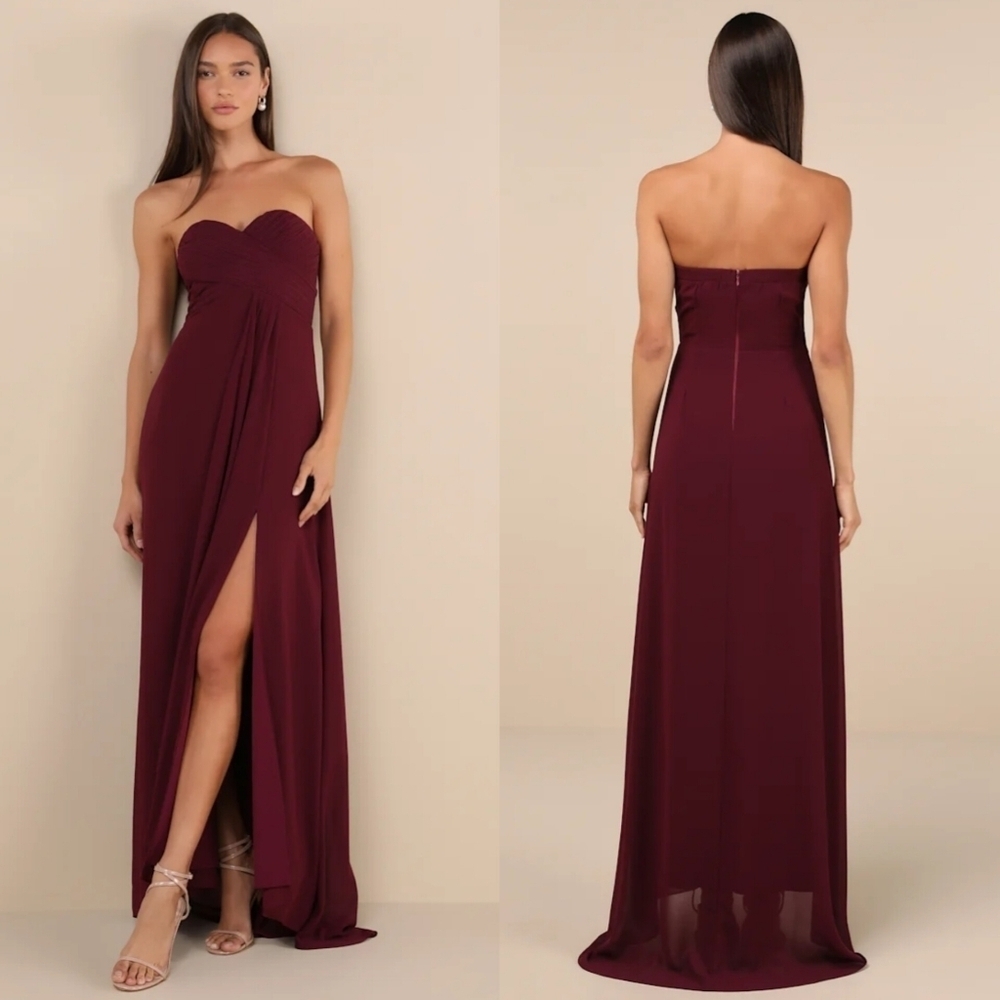 Lulus Splendid Aura Plum Purple Chiffon Pleated Strapless Maxi Dress L Wedding